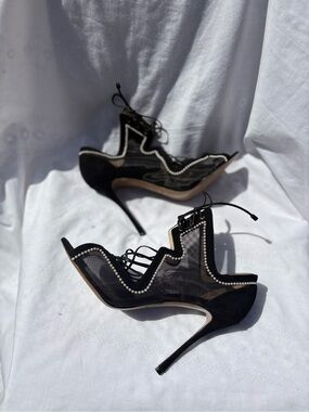 Nicholas Kirkwood Black Lace-Up Pearl Trim Stiletto Heels